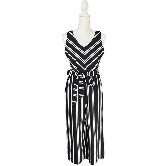 Ann Taylor Black & White Striped Tie Waist Wide Leg Cropped Jumpsuit | Size S - Picture 2 of 9